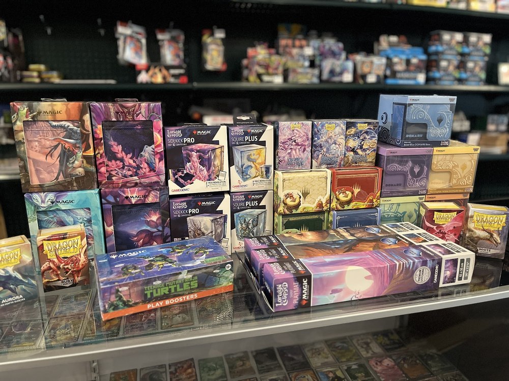 Shelves stocked with games and trading cards